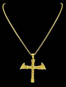 1pc Twisted Textured Stainless Steel Cross Pendant, Vintage Creative Titanium Steel Necklace For Men - Gold - View 4
