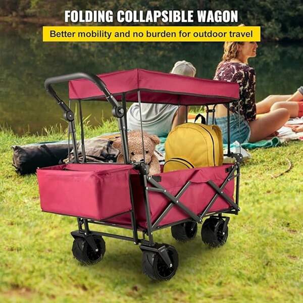 Extra Large Collapsible Garden Cart With Removable Canopy, Folding Wagon Utility Carts With Wheels And Rear Storage, Wagon Cart For Garden, Camping, Grocery Cart, Shopping Cart