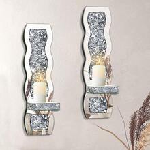 Crystal Crush Diamond Candle Holder Set Of 2 Wavy Silver Mirrored Wall Candle Sconces Wall Decorations For Living Room Dining Room Bedroom - Silver(Style1) - View 1