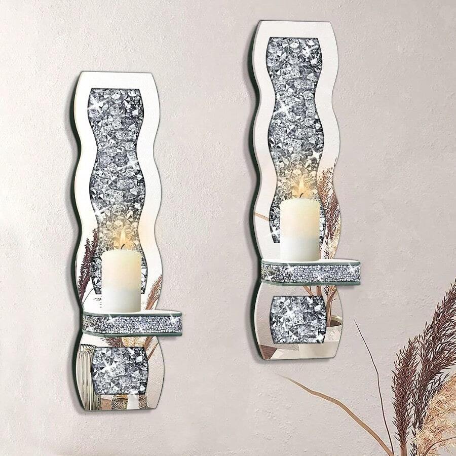 Crystal Crush Diamond Candle Holder Set Of 2 Wavy Silver Mirrored Wall Candle Sconces Wall Decorations For Living Room Dining Room Bedroom - Silver(Style1) - View 1