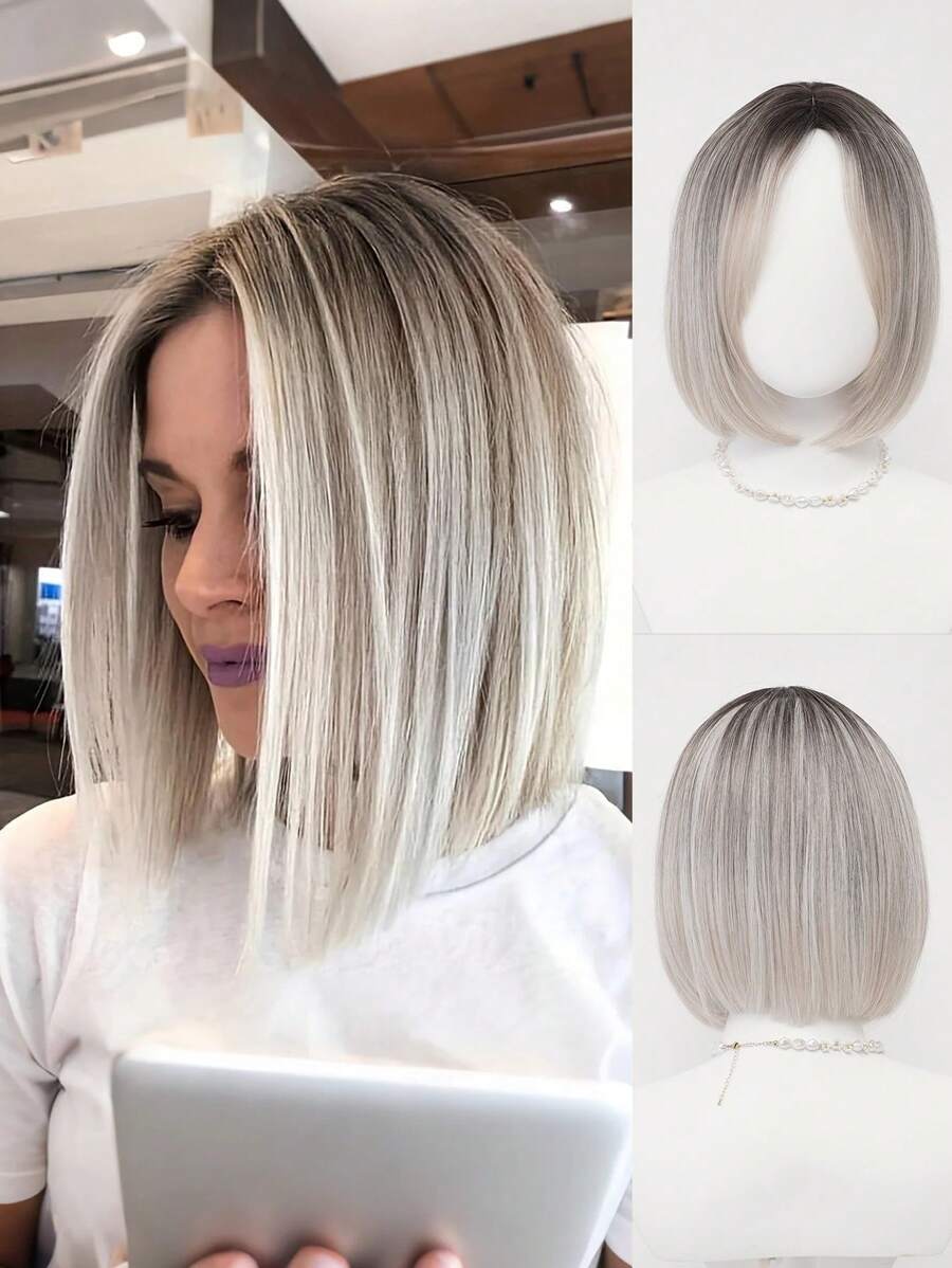 XYUNMI Ombre Platinum Bob Wig Middle Parted Bangs 12 Inch Short Lightweight Breathable Women's Heat Resistant Synthetic Wig For Daily Wear Party Date Elegant Fashion Simple Costume Wig Cosplay Halloween Christmas Wig