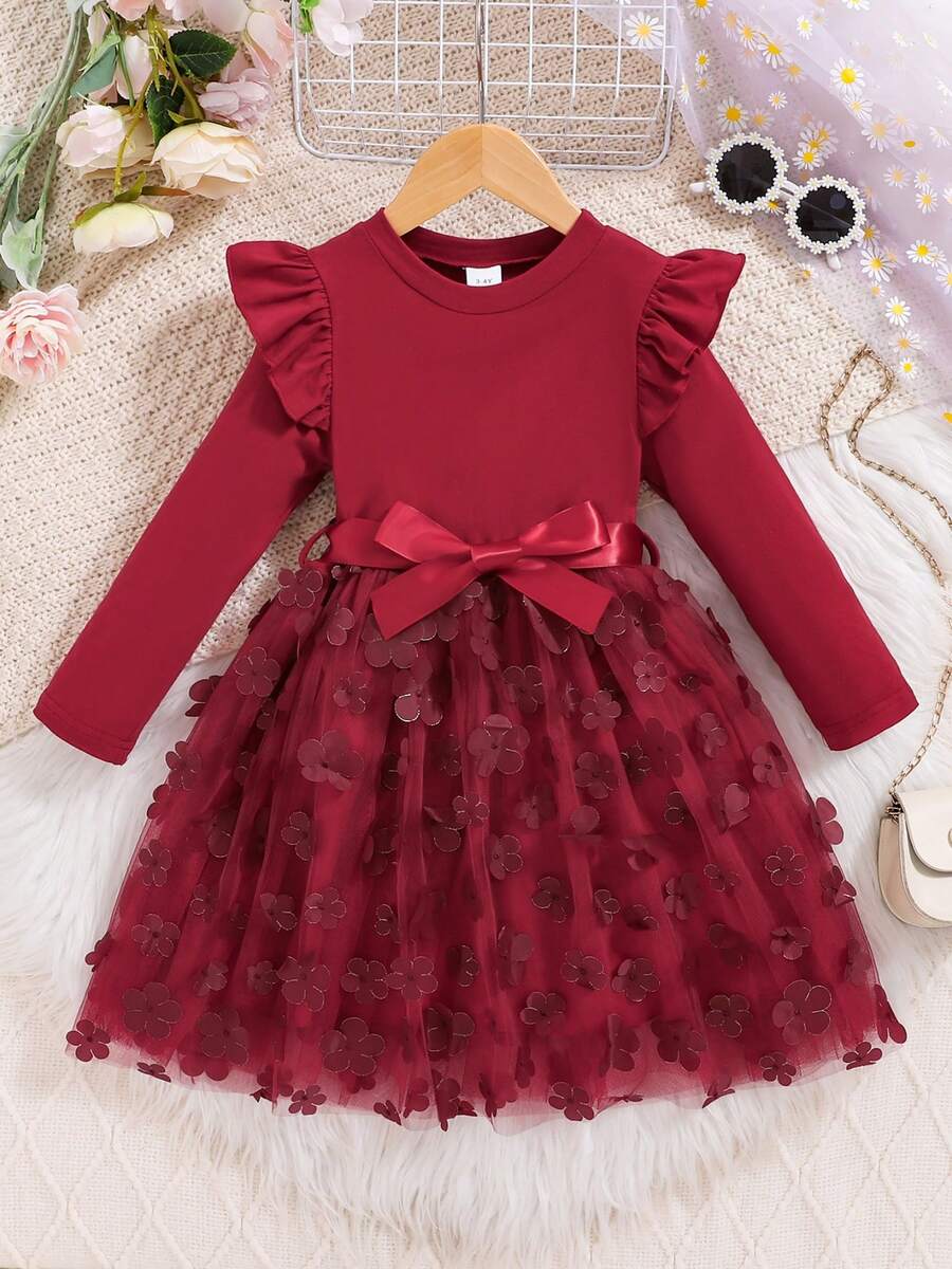 Kid Girl Fall Dress 3D Flower Round Neck Ruffle Long Sleeve Patchwork Tulle Dress With Belt - 紅色 - 查看 1