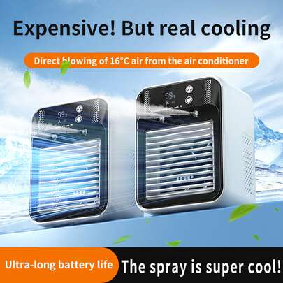 1 pieza Aire acondicionado portátil, ventilador enfriador de aire de escritorio, ventilador humidificador de escritorio, ventilador con pulverización de aire acondicionado con 2 velocidades y 2 modos de pulverización, batería recargable de 3000mAh, bajo nivel de ruido, carga USB, adecuado para habitación, coche, oficina u uso al aire libre, cómodo para dormir