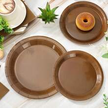 100Pcs Brown Tableware Set Fall Disposable Dinnerware Set 50Pcs Paper Plates 25Pcs Napkin 25Pcs Cups For Wedding Birthday Bride Shower Party Supplies Table Decor - 巧克力棕 - 查看 2
