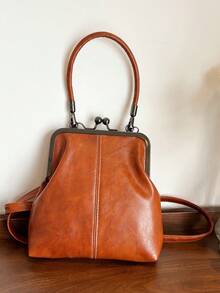 1个复古仿皮斜挎包，女士复古风吻锁迷你手提包，配有可调节肩带，纯色轻便都市手提包，涤纶衬里，男女通用 - 棕色 - 查看 6