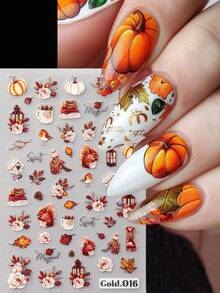 5D浮雕枫叶水果指甲贴纸南瓜松鼠鸟自粘指甲贴花秋季落叶动物美甲装饰 - 彩色 - 查看 5