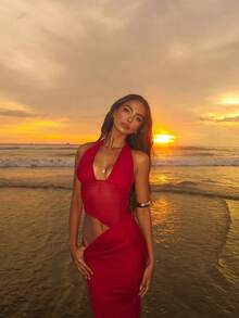 Vestido transparente de mujer con cuello halter en V profunda, costura asimétrica y diseño sexy, ideal para fiestas, citas, clubes, eventos, bodas, Navidad, invitadas de boda, vestido de hada, vestido con hombros descubiertos