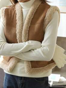 女士休闲羊毛布背心羊毛保暖无袖夹克短款春秋季上衣