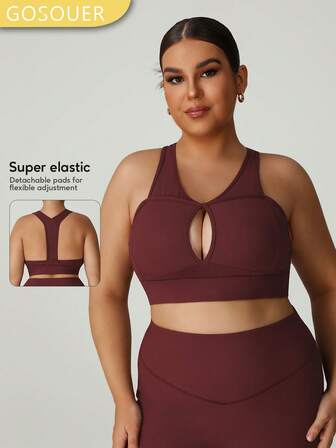 GOSOUER Women's Plus Size Threaded Front Hollow Wide Strap Racer Back Gathered Sports Bra For Running Fitness Yoga Gym
