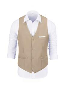 Men's Formal Vest, Wide Pockets, Solid Color, Suitable For Business, Party, Wedding And Other Occasions, Champagne Color, Size XS-XXXL - Champagne - View 4