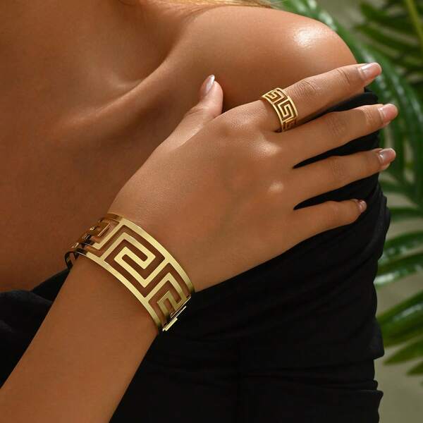 1 stuk metalen modieuze geometrische armband en 1 stuk metalen modieuze geometrische ring, casual holle sieradenset, damesaccessoires, cadeau voor vrienden en familie