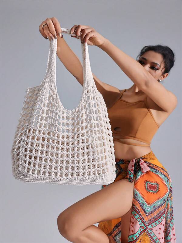Bolsa de Tote Grande de Malha Original INS para Mulheres, Bolsa de Praia, Bolsa de Ombro, Bolsa Retrátil Trançada Vazada, Mochila Reutilizável, Bolsa de Armazenamento, Bolsa de Tote Leve e de Grande Capacidade, Bolsa de Presente de Crochê para Formandos, Adolescentes, Estudantes Universitários, Férias, Praia