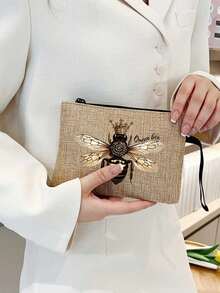 女士多功能皇冠蜜蜂王图案手提包套装，含化妆收纳袋、红色气垫指甲油收纳袋、零钱包，适合婚礼、生日、海滩和节日，亚麻手提包，教师节礼品袋 - 彩色 - 查看 4