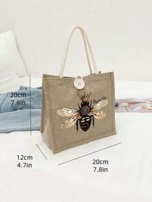 女士多功能皇冠蜜蜂王图案手提包套装，含化妆收纳袋、红色气垫指甲油收纳袋、零钱包，适合婚礼、生日、海滩和节日，亚麻手提包，教师节礼品袋 - 彩色 - 查看 11