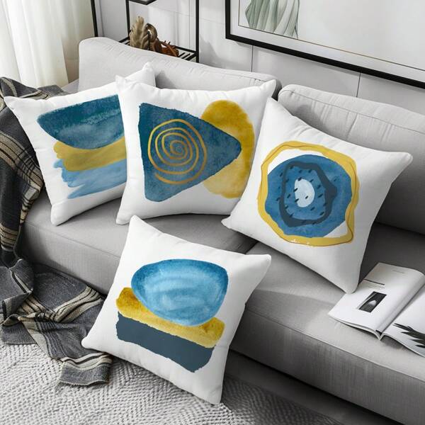 4 piezas Fundas de cojín abstractas en colores azul y dorado, tela de terciopelo suave, impresión unilateral de 45*45cm, adecuado para sala de estar, dormitorio, sofá, decoración del hogar, fundas de cojín, regalo