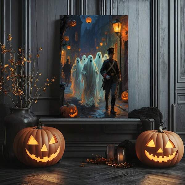 1 Piece,Follow The Ghosts Of The Army , Halloween Modern Frameless Art Decoration Painting, Printed Posters Mural, Waterproof Canvas,Suitable For Home, Office, Bedroom, Living Room, Study, Bathroom, Bar, Wall Arts And Home Decoration, Is An Ideal Holiday Gift Halloween Decor Fall Decor Room Decor