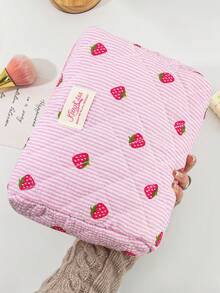 1 Piece/Set Children's Cute Pink Foam Quilted Cosmetics Bag Lovely Strawberry Pattern Makeup Bag Set Girly Toiletries Storage Bag With Zipper Pink Strip Print Make Up Bag Large Capacity Cosmetics Organizer Bag