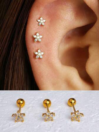 3Pcs Stainless Steel Small Five Petal Flower Barbell Stud Srecw Ball Flat Back Stud Earring For Women, 14K Gold Plated Tiny Zirconia For Cartilage Helix Lobe Bohemian Elegant Piercing Jewelry