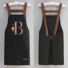 1 件套家用厨房围裙 - 可调节肩带设计，大前口袋成人男女烹饪耐用围裙，四季创意字母 A-Z 印花围裙轻薄围裙餐厅店服务员工作制服 - 黑色 - 查看 26