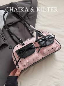 CHAIKA & KILTER 1 件撞色面料和 PU 皮革女士单肩包，时尚多口袋大容量波士顿保龄球包，带拉链开合，适合日常和户外使用（与吊坠一起出售）