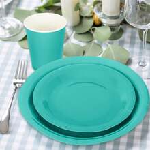 100Pcs Teal Tableware Set Teal Blue Disposable Dinnerware 50Pcs Paper Plate 25Pcs Napkin 25Pcs Cup For Birthday Wedding Baby Shower Family Picnic Party Supplies Table Decor - 水鴨藍 - 查看 8