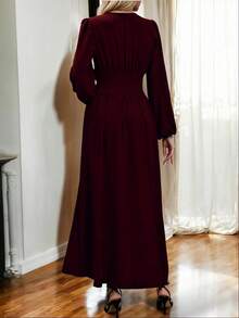 Maxi Vestido Elegante de Manga Larga y Escote en V Profundo con Abertura Lateral Alta en Pierna para Mujer - Rojo violeta - Ver 2