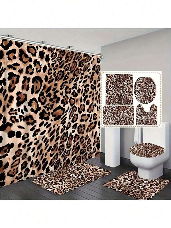 1/4 Pcs Visual Vortex Leopard Print Bathroom Shower Curtain Set, Waterproof Curtain With 12 Hooks, Non-Slip Bathroom Rug, U-Shaped Toilet Mat, Toilet Lid Cover, Bathroom Decor, Bathroom Curtain Set, Suitable For All Seasons Back To School