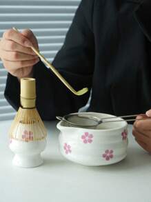 1pc/2pcs/4pcs/5pcs Cherry Blossom & Matcha Bowls Set, Japanese Tea Set Includes Matcha Bowl With Spout, Bamboo Matcha Whisk, Matcha Scoop, Whisk Stand, Stainless Steel Sieve, 5-Piece Perfect Matcha Set Back To School