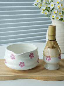 1pc/2pcs/4pcs/5pcs Cherry Blossom & Matcha Bowls Set, Japanese Tea Set Includes Matcha Bowl With Spout, Bamboo Matcha Whisk, Matcha Scoop, Whisk Stand, Stainless Steel Sieve, 5-Piece Perfect Matcha Set Back To School