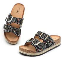 Womens Slides With Cork Footbed Open Toe Adjustable Webbing Flat Sandals For Walking | Beach | Indoor POWDER-03 - 黑色 - 查看 1