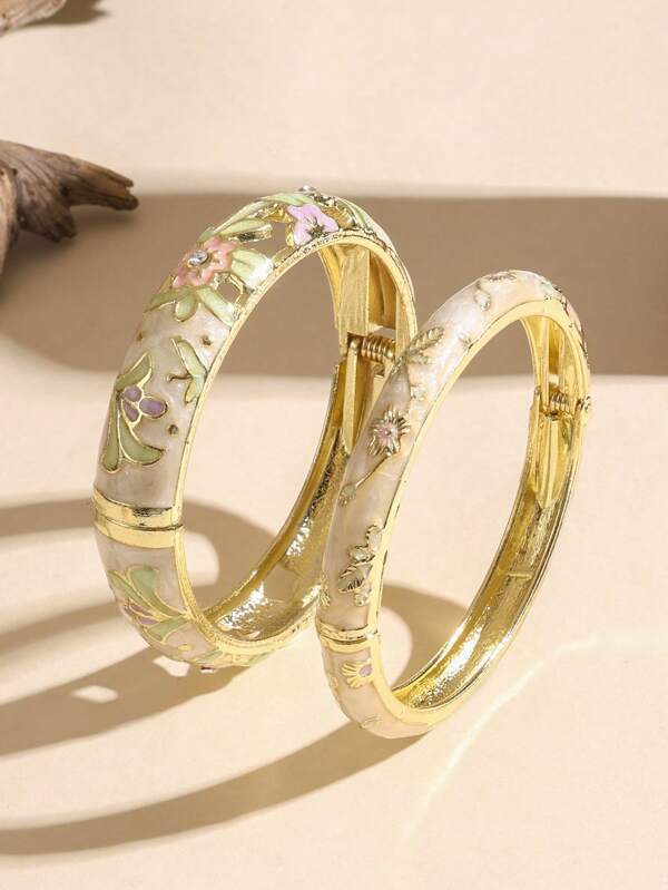 Lot de 2 bracelets à la mode en émail cloisonné pour femme, ajourés et huilés, à porter au quotidien. Un cadeau raffiné, idéal pour les femmes et les filles.