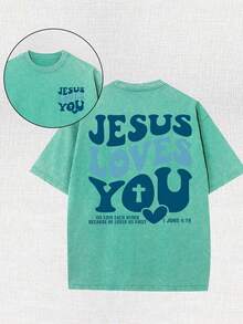 Religious Elements And Retro Design Christian Jesus Printed Retro Washed T-Shirt, 230G, Retro Street Style. Simple And Versatile, Pure Cotton Is Of High Quality, Novel And Fashionable, And It Is A Must-Have Fashion T-Shirt For Spring And Summer. - 綠色 - 查看 1