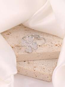 1 pieza Anillo abierto de trébol de cuatro hojas de acero inoxidable para mujeres, joyería impermeable con baño de oro de 18K y flor ajustable