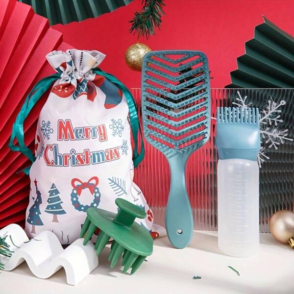 4pcs Christmas Hair Brush Set - V-Shaped Hollow Comb, Wet & Dry Use, Shampoo Brush, Home Hair Care Oil Dispenser