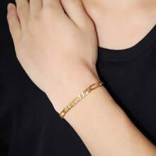 1pc 18K Gold Flat Bracelet For Women,Golden Figaro Chain Jewelry, Exquisite Daily Waterproof Stainless Steel Bracelet, Layered Chain Bracelet, Jewelry Gift For Her