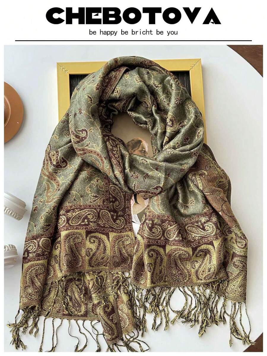 1pc Women Cashew Pattern Jacquard Fashion Versatile Thick Warm Shawl Scarf, Suitable For Daily Use In Autumn/Winter For Dress - Light Green - View 1