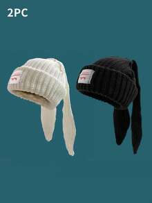 1pc Cute Rabbit Ear Women's Knitted Hat, Autumn/Winter, Warm Earmuffs And Letter Patchwork, Knit Cap, Suitable For Daily Use Halloween - Multicolor - View 18