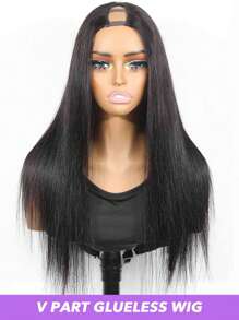 V 型假发直发人发假发无胶假发升级版 U 型假发无需系带，适合女士 V 型半截假发 150% 200% 密度自然黑色 8-30 英寸直发假发 - Natural Black - 查看 4