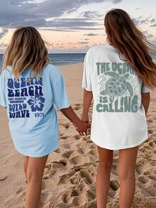 2-Piece Set, Women's Summer Casual Vacation Style Versatile Letter And Turtle Print Pattern Round Neck Short Sleeved T-Shirt. Graphic Tees Women Blue Top Pink Top Vacation Women