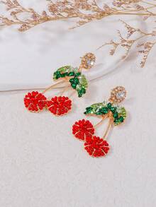 juran 一对水果樱桃水钻耳环，可爱趣味日常休闲佩戴耳环，女士礼物 - 紅色 - 查看 3