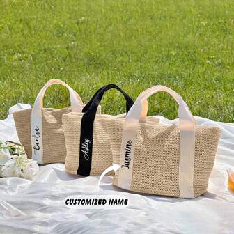 Personalized Letter Name Woven Linen Tote Bag - Bridesmaids Tote Bag - Reusable Gift Bag Idea - Suitable For Matching Bridal Party Gifts - Bridesmaids Gift Ideas On The Wedding Day, Spring Outings, Vacations, Shopping, And Beautiful Gifts For Moms And Family Members During Festivals
