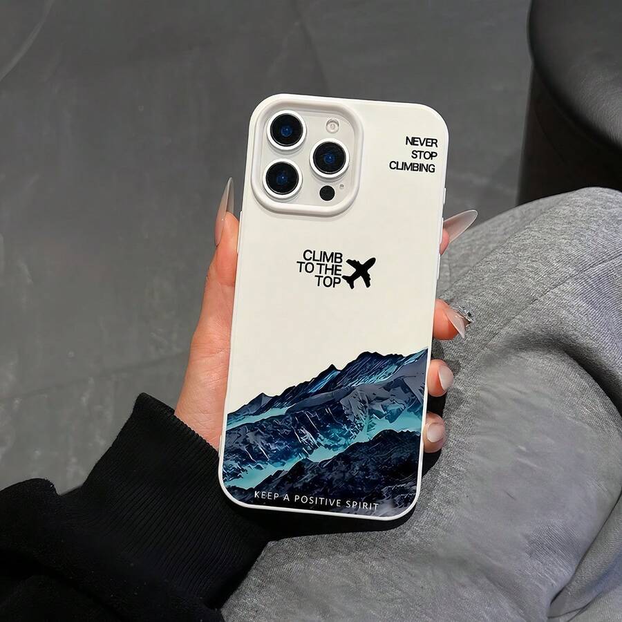 1pc White Matte Airplane & Mountain Scenery English Slogan Phone Case, Suitable For IPhone 16 Pro Max, 17/16/15/14 Plus, 13/12/11, Air - Multicolor - View 1