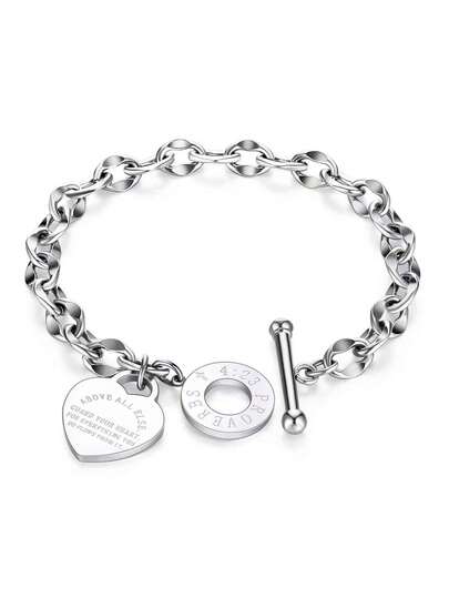 1pc Women's Stainless Steel Classic Heart Engraved Toggle Clasp Titanium Steel Chain Bracelet Valentines,Mom,Mother,Mother's Day,Gift