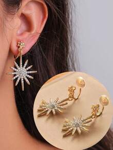 1 对时尚水钻星星和几何设计夹式耳环，适合女士佩戴，外观闪亮优雅，适合日常佩戴和送礼 - 耳夾 - 查看 2