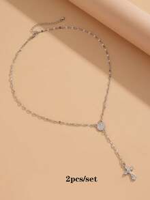 1pc Premium Fashion Elongated Chain Exquisite Cross Pendant Necklace, Silver Color, Versatile For Any Occasion, Perfect Holiday Gift - Silver - View 7