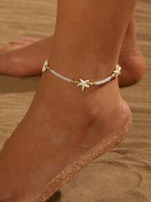 1 pièce Chaîne de cheville de style vintage plage - étoile de mer: Bijou de perle de riz réglable