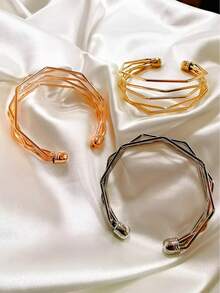 1pc Multi-Color Adjustable Open Geometric Bangle Bracelet, Suitable For Daily Wear, Gatherings And Gifts - Yellow Gold - View 7