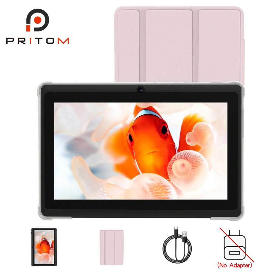 PRITOM Tableta Portátil Android 13 de 7 pulgadas (Procesador Quad Core SC7731/2GB(2gb+2gb) RAM/32GB ROM) Pantalla IPS HD, Cámara Dual, WiFi, Tableta con Funda (Sin Adaptador)