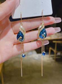 1 par de pendientes colgantes de elegante pluma azul con y borla con diseño de fénix, joyería personalizada, encantadora y elegante