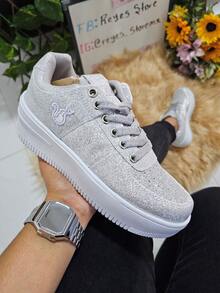Tenis Zapatillas Casuales  de Dama Con Brillos Ideal para Fiestas Graduación Decoración Glitter , Cómodos con Cordones Moda Versátiles  Casual  Al aire libre  Fabulosa  Calle  Lindo  Sexy  Fiesta  Glamour - Plateado - Ver 3